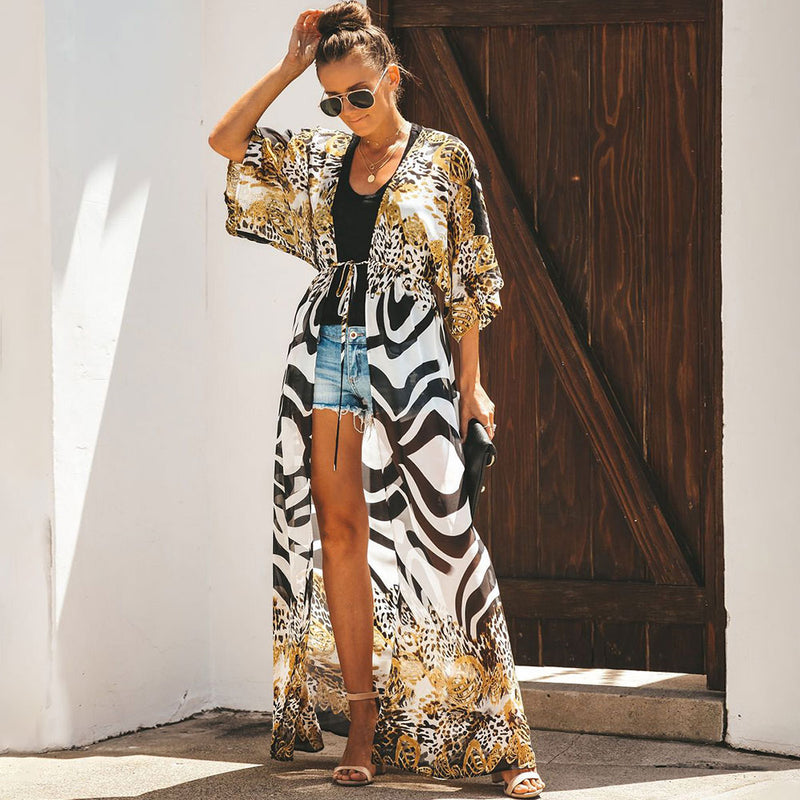 Wild Style Short Sleeve Drawstring Tie Leopard Printed Chiffon Beach Cover Up