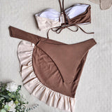 Contrast Sarong High Cut Drawstring Halter Brazilian Three Piece Bikini Swimsuit