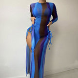 Abstract Long Sleeve Cover Up Slide Triangle Brazilian Three Piece Bikini Swimsuit