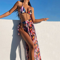 Abstract Mesh Sarong String Slide Triangle Brazilian Three Piece Bikini Swimsuit
