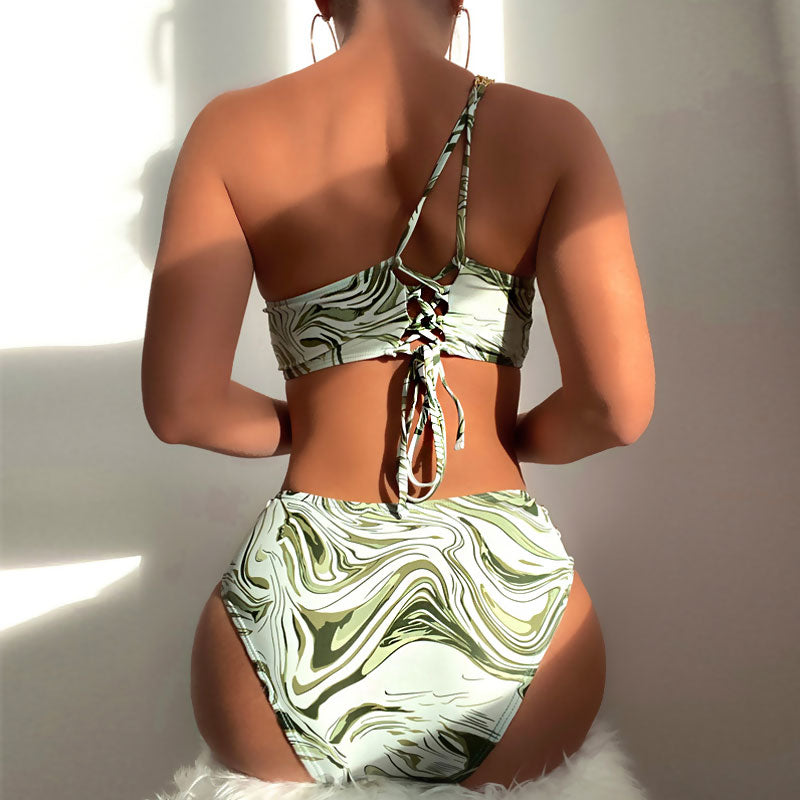 Abstract Metallic Chain Lace Up One Shoulder Brazilian Two Piece Bikini Swimsuit