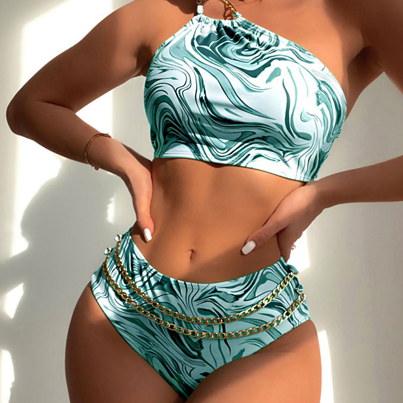 Abstract Metallic Chain Lace Up One Shoulder Brazilian Two Piece Bikini Swimsuit