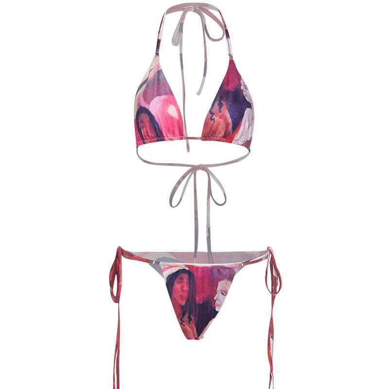 Abstract Painting Tie String Slide Triangle Brazilian Two Piece Bikini Swimsuit