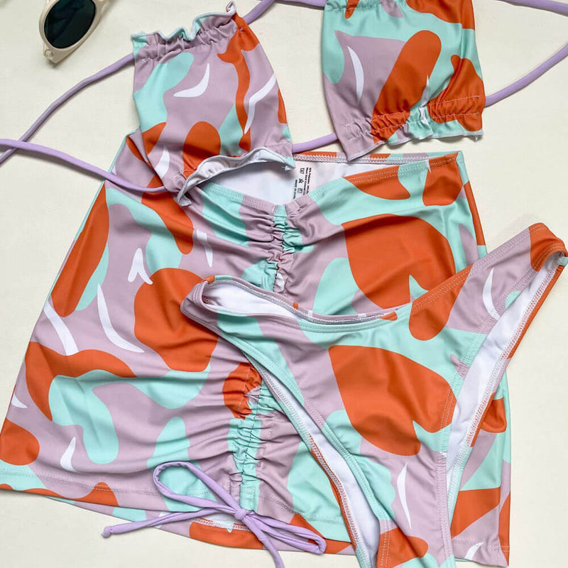 Abstract Print High Cut Ruffle Trim Halter Brazilian Three Piece Bikini Swimsuit