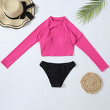 Active Ribbed Long Sleeve Cutout Mock Neck Cropped Rash Guard Swimsuit