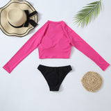 Active Ribbed Long Sleeve Cutout Mock Neck Cropped Rash Guard Swimsuit