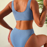 Active Ribbed Scoop Neck Bralette Brazilian Two Piece Bikini Swimsuit
