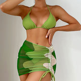 Aesthetic Mesh Sarong High Cut Slide Triangle Brazilian Three Piece Bikini Swimsuit