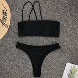 All Black Strappy Bandeau Brazilian Two Piece Bikini Swimsuit