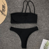All Black Strappy Bandeau Brazilian Two Piece Bikini Swimsuit