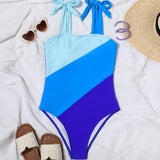 Artistic Color Block Tie Up Square Neck Brazilian One Piece Swimsuit