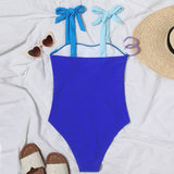Artistic Color Block Tie Up Square Neck Brazilian One Piece Swimsuit