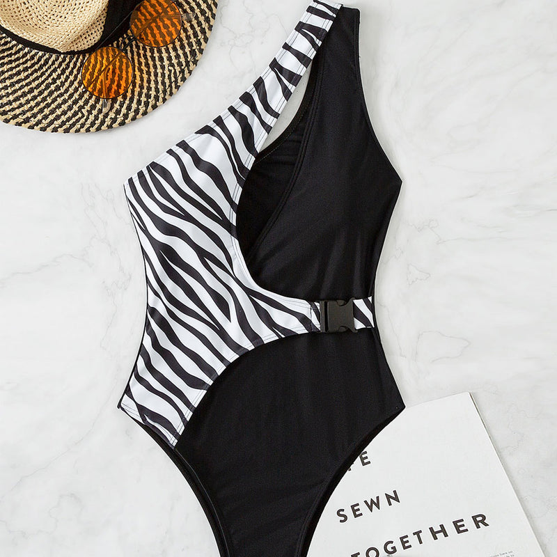Asymmetric High Cut Contrast Zebra Print One Shoulder Brazilian One Piece Swimsuit