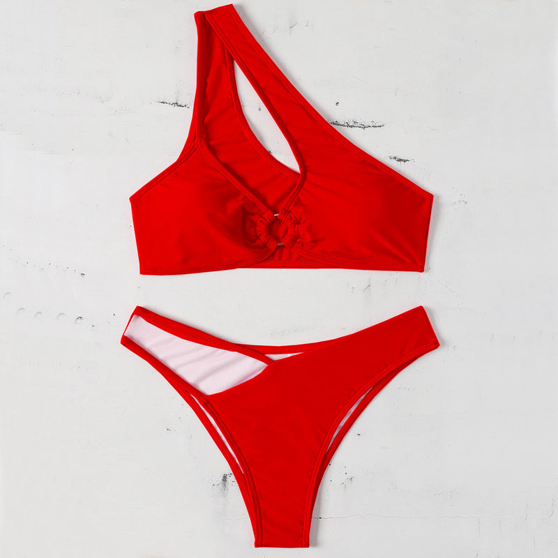 Asymmetric String O Ring Cutout One Shoulder Brazilian Two Piece Bikini Swimsuit