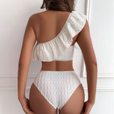 Asymmetric Textured Ruffle Trim One Shoulder Brazilian Two Piece Bikini Swimsuit