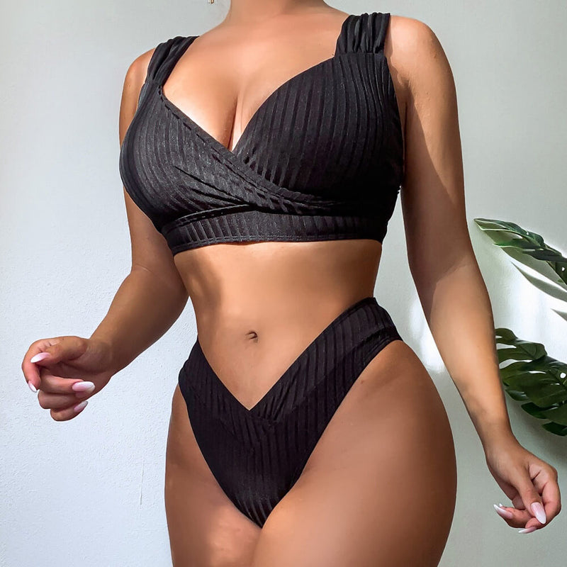 Athletic High Cut Wrap Front Rib Bralette Brazilian Two Piece Bikini Swimsuit