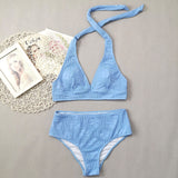 Athletic Mid Waist Floral Shirred Halter Brazilian Two Piece Bikini Swimsuit