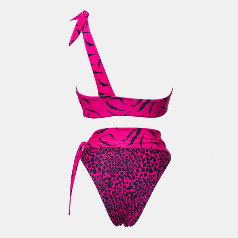 Bi Color Leopard High Waist One Shoulder Brazilian Two Piece Bikini Swimsuit