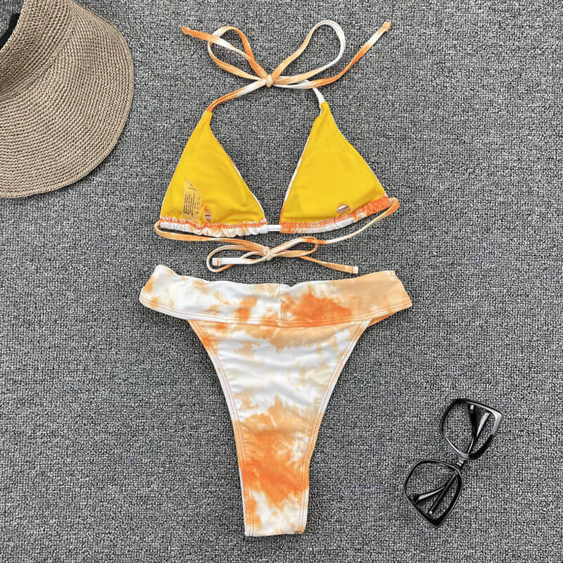 Bicolor Tie Dye High Cut Slide Triangle Brazilian Two Piece Bikini Swimsuit