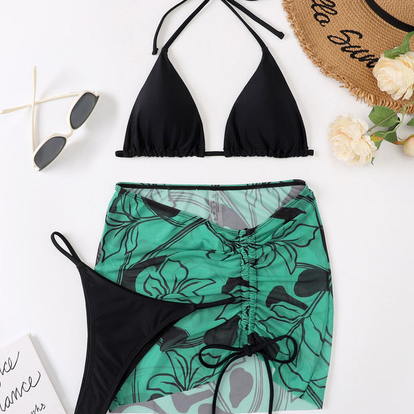 Boho Floral Cover Up String Slide Triangle Brazilian Three Piece Bikini Swimsuit