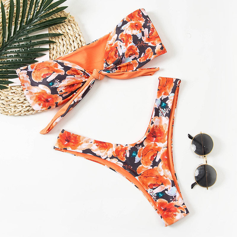 Boho Floral High Cut Tie Front Bandeau Brazilian Two Piece Bikini Swimsuit