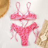 Boho Floral High Cut Tie String Brazilian Two Piece Bikini Swimsuit