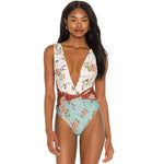 Boho Floral High Cut Twist Front Deep V Brazilian One Piece Swimsuit