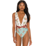 Boho Floral High Cut Twist Front Deep V Brazilian One Piece Swimsuit