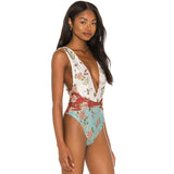 Boho Floral High Cut Twist Front Deep V Brazilian One Piece Swimsuit