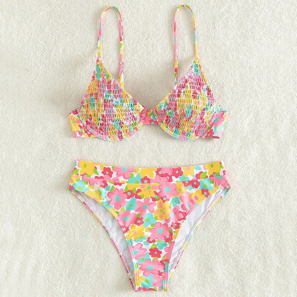Boho Floral High Waist Shirred Underwire Brazilian Two Piece Bikini Swimsuit