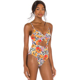 Boho Floral Print Twist Front Cutout V Neck Brazilian One Piece Swimsuit