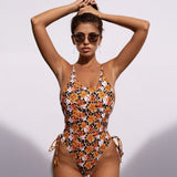 Boho Floral Printed Strappy Low Back Brazilian One Piece Swimsuit