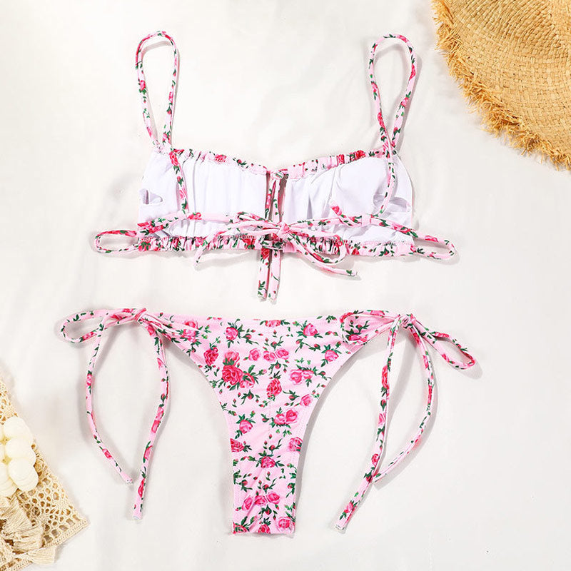 Boho Floral Tie String Slide Bralette Brazilian Two Piece Bikini Swimsuit