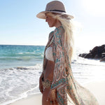 Boho Print Half Sleeve Chiffon Maxi Brazilian Beach Cover Up