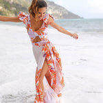 Boho Style Contrast Color Feather Printed Chiffon Beach Cover Up