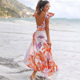 Boho Style Contrast Color Feather Printed Chiffon Beach Cover Up