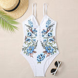 Boho Style Floral Print Button Trim Deep V Brazilian One Piece Swimsuit