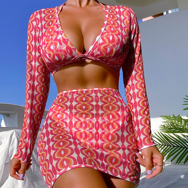 Boho Wavy High Cut Slide Triangle Brazilian Four Piece Bikini Swimsuit