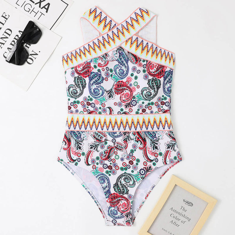 Boho Wavy Paisley Print Criss Cross Brazilian One Piece Swimsuit