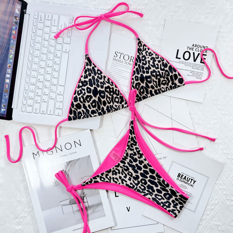 Bold String Leopard Print Slide Triangle Brazilian Two Piece Bikini Swimsuit