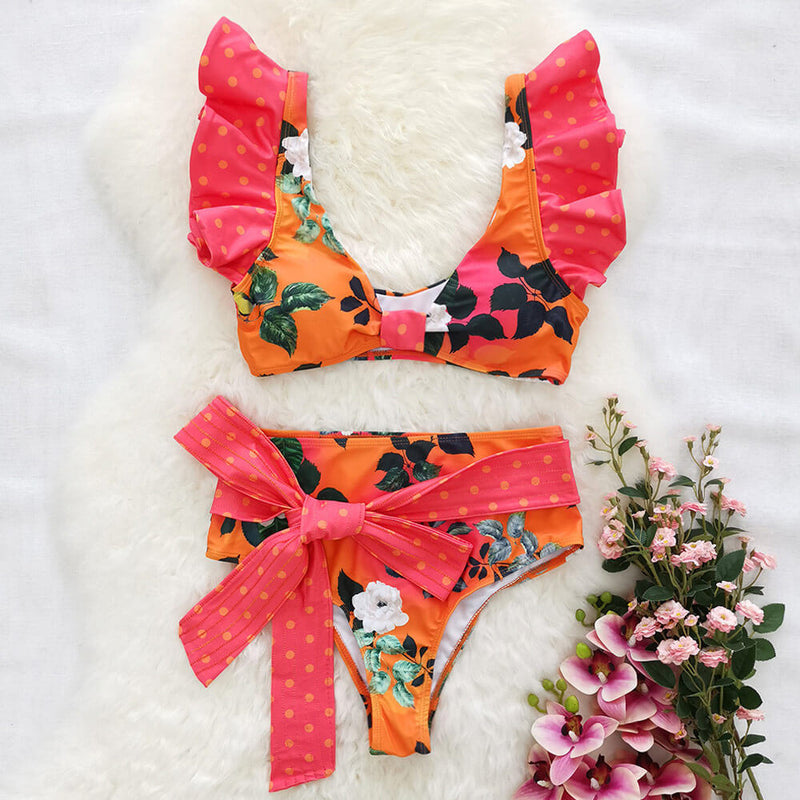 Bowknot High Waist Floral Print V Neck Brazilian Two Piece Bikini Swimsuit