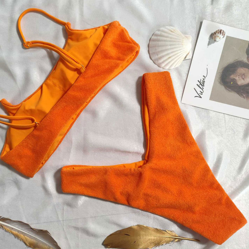 Bright Color High Cut Terry Bralette Brazilian Two Piece Bikini Swimsuit