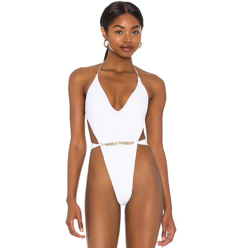 Chain Strappy High Cut Deep V Low Back Brazilian One Piece Swimsuit