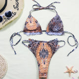 Cheetah Print Ruffle Slide Triangle String Brazilian Three Piece Bikini Swimsuit