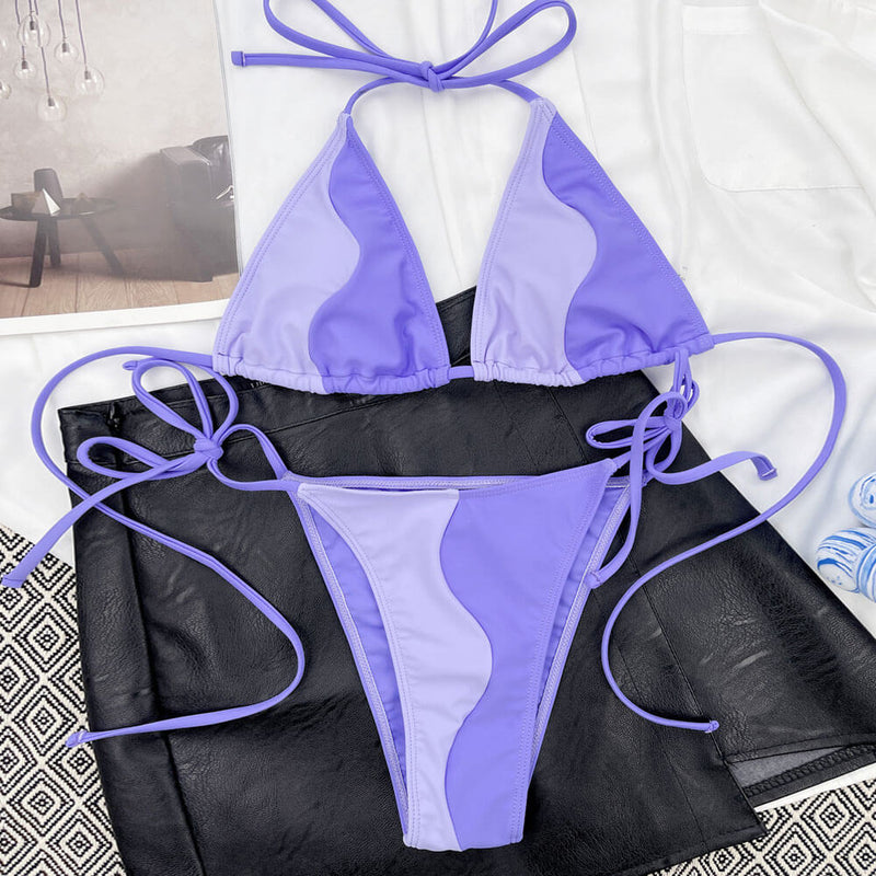 Chic Contrast Color Tie String Slide Triangle Brazilian Two Piece Bikini Swimsuit
