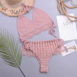 Chic Crochet Knit Tassel Trim Halter Triangle Brazilian Two Piece Bikini Swimsuit
