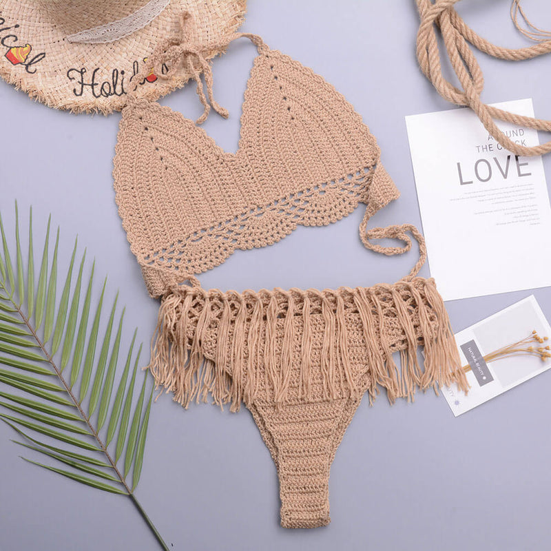 Chic Crochet Knit Tassel Trim Halter Triangle Brazilian Two Piece Bikini Swimsuit