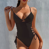 Chic High Cut Lace Up Underwire Tie Back Brazilian One Piece Swimsuit
