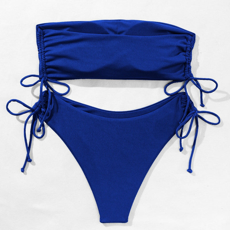 Chic Ribbed High Cut Drawstring Bandeau Brazilian Two Piece Bikini Swimsuit