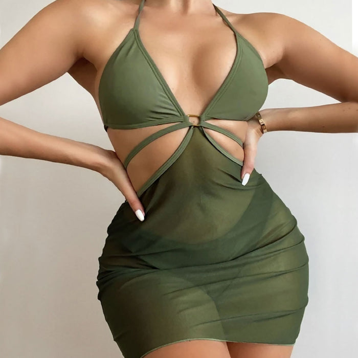 Chic Sarong High Cut Halter Triangle Brazilian Three Piece Bikini Swimsuit